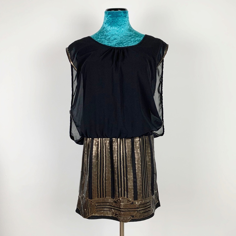 Francesca's Black Gold Sequin Drop Waist Dress